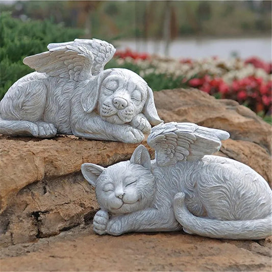 Resin Angel Dog Cat Statue Garden Decor Puppy Tombstone Sculpture