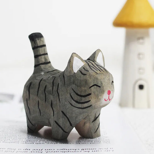 Handmade Wood Carving Kitten Ornaments Small Animal Creative